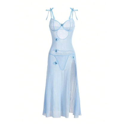 Lencería Porno Sexy de Tul, Encaje Atractivo, Espalda Abierta y Abertura Alta, Azul Claro, Ropa Interior Sexy para Mujer.