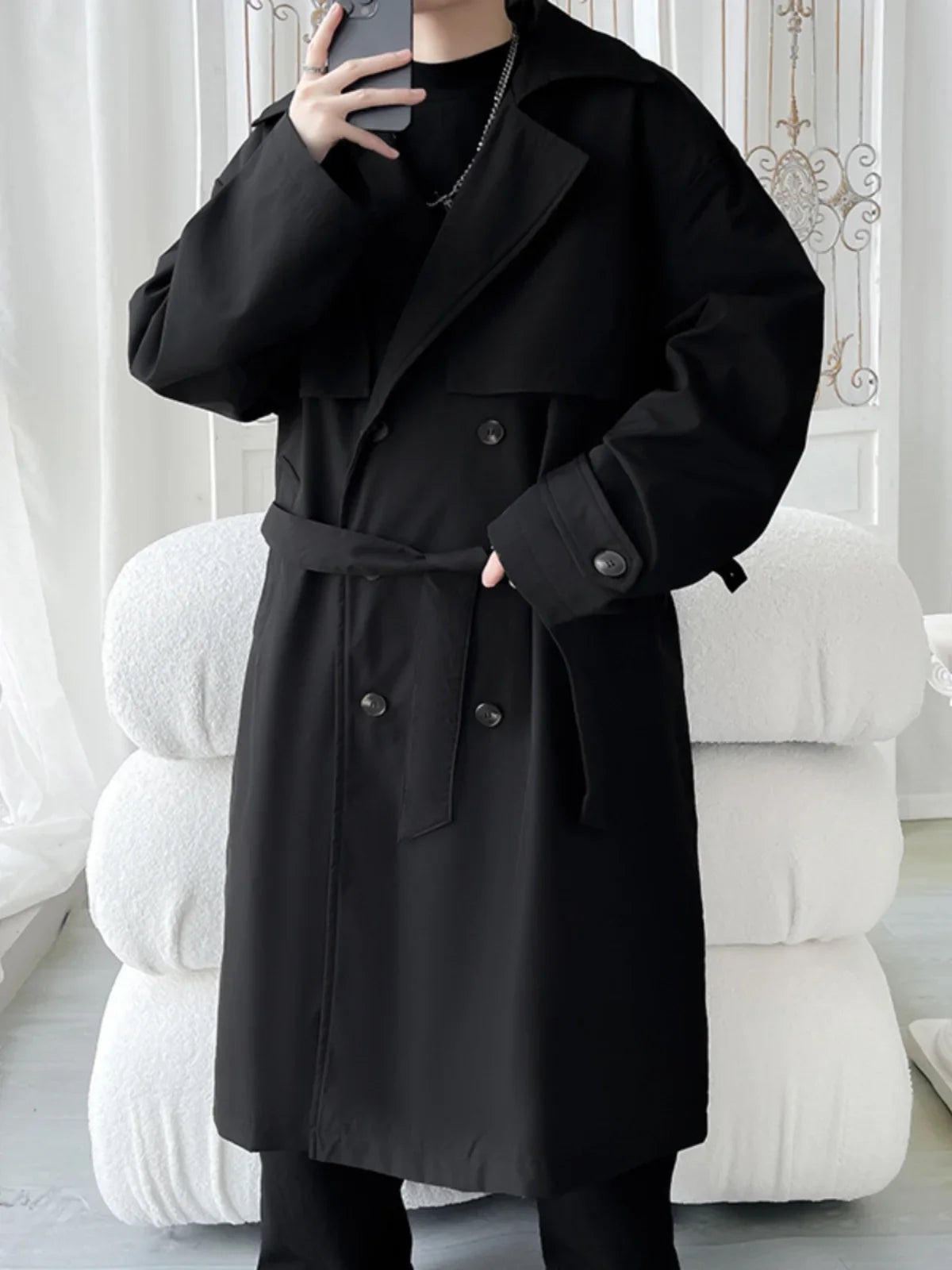 Gabardina de hombre, corte ajustado, cruzada, con cinturón, cortavientos, solapa, chaqueta larga, informal, impermeable, tallas M-5XL