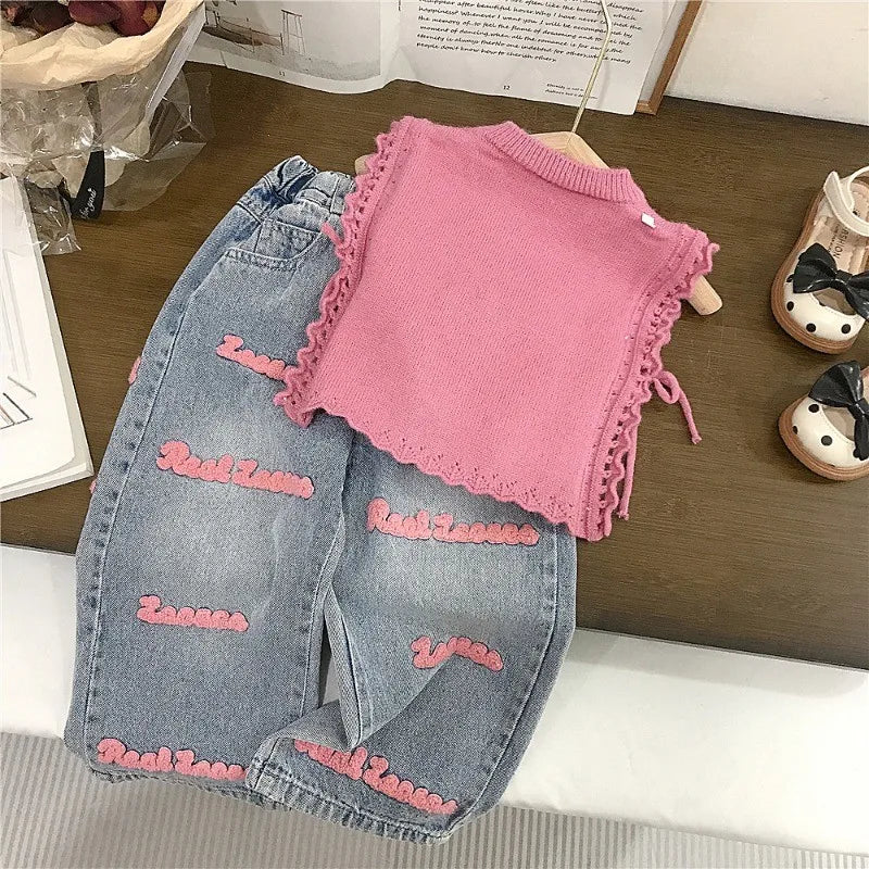 Conjuntos de ropa para niños de 2 a 7 años, chaleco de punto rosa y vaqueros, conjunto de verano para bebés y niños pequeños.