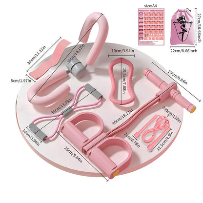 Juego de 8 piezas para yoga y fitness. Incluye tensor, pinza para piernas, cuerda para saltar, aro de yoga, banda de resistencia, ilustración de acción y bolsa de almacenamiento.