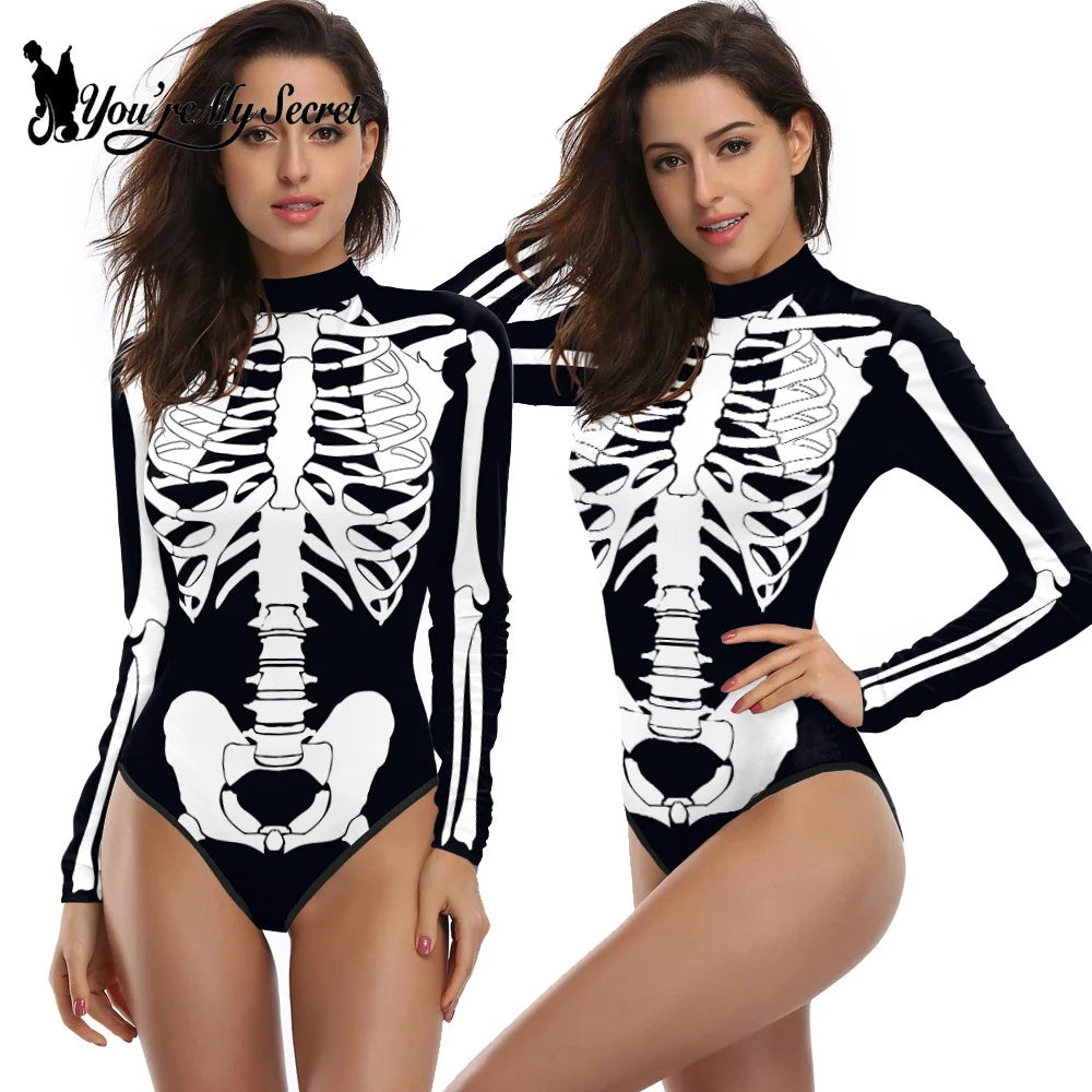 [You're My Secret] Halloween Costume Cosplay Skeleton Print Zenti Bodysuits Carnival Party Jumpsuit Outfit Women Day of The Dead