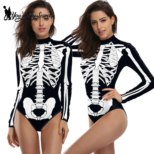 [You're My Secret] Halloween Costume Cosplay Skeleton Print Zenti Bodysuits Carnival Party Jumpsuit Outfit Women Day of The Dead