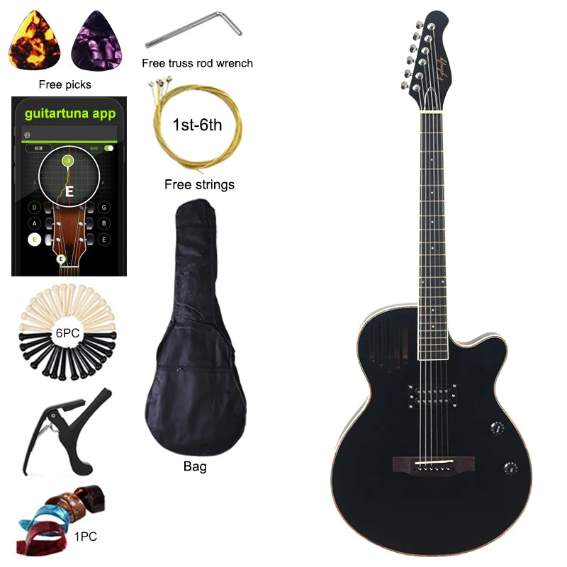 Guitarra acústica eléctrica de 40 pulgadas, cuerpo fino de 6 cuerdas, guitarra folk de buena calidad artesanal.