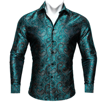 Camisas clásicas negras estampadas y bordadas para hombre, solapa de seda, manga larga, corte formal exquisito, ideales para eventos de negocios y fiestas. Barry.Wang CY-0407