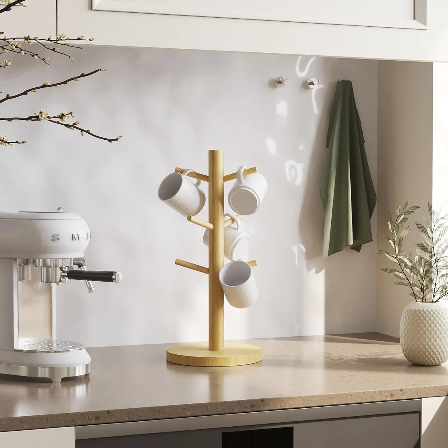 Portavasos de bambú con 6 ganchos para tazas de café, resistente soporte para tazas, ideal para organizar mostradores y ahorrar espacio.