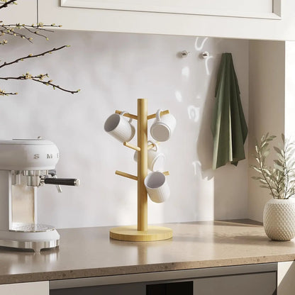 Portavasos de bambú con 6 ganchos para tazas de café, resistente soporte para tazas, ideal para organizar mostradores y ahorrar espacio.