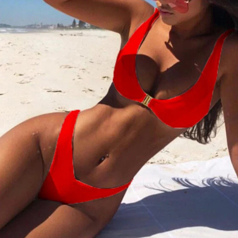 Conjunto de lencería sexy para mujer, sujetador y braguita, bañador de playa para uso diario, tanga elástica de cintura baja, traje de baño liso, ropa interior de bikini
