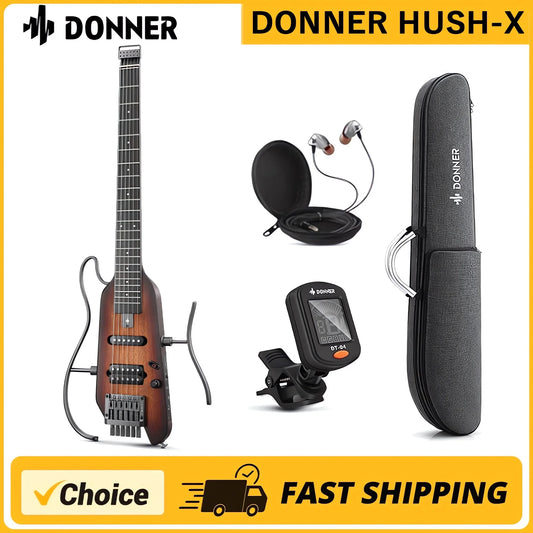 Guitarra acústica de viaje Donner HUSH-X, silenciosa, sin pala, con marcos extraíbles, cuerpo sólido de caoba ultraligero. HUSH X