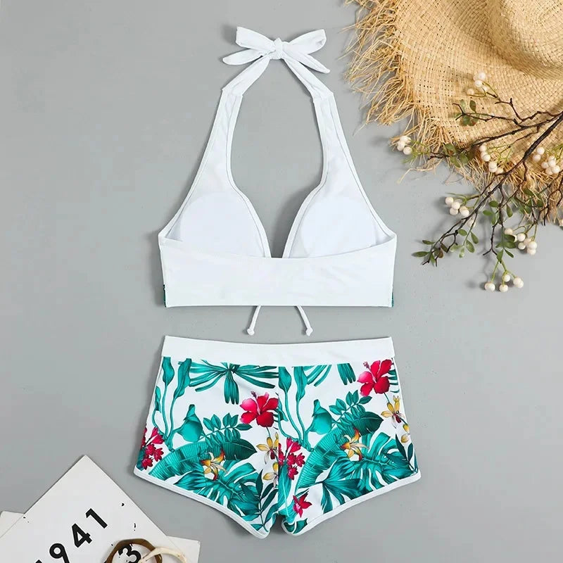 Conjunto de bikini con cuello halter y estampado sexy, traje de baño de cintura alta para mujer, recién llegado, gran oferta de la temporada, diseño dividido moderno