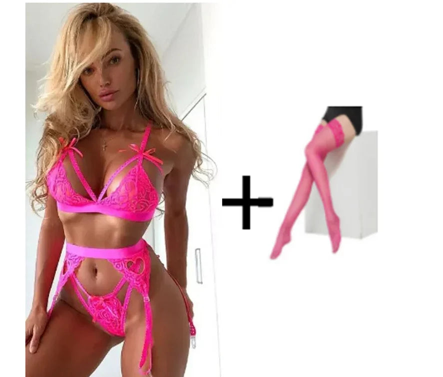 Conjunto de lencería sexy para mujer, sujetador de malla transparente de encaje, tangas con aros, ropa interior erótica íntima, babydolls.