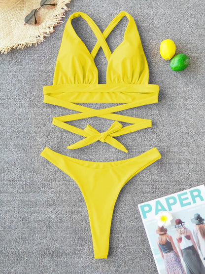 Bikini sexy 2025, traje de baño liso para mujer, traje de baño para mujer, conjunto de bikini push up con vendaje cruzado, traje de baño para playa, traje de baño