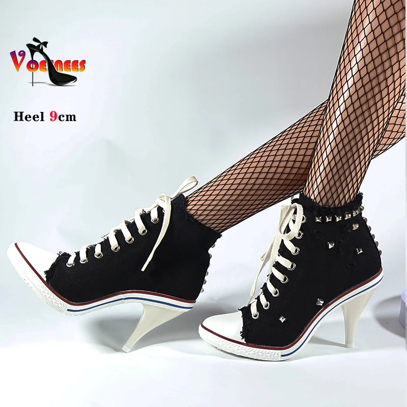 Botas cortas de mezclilla para mujer, botines con tachuelas y tacones altos, botas de mujer con remaches, tacones altos finos con cordones, zapatos de mezclilla