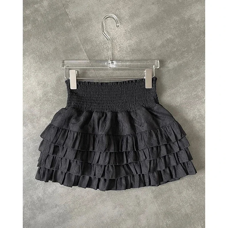 Minifaldas con volantes para mujer, estilo kawaii, de cintura alta, con encaje, estilo coreano, color negro, para verano