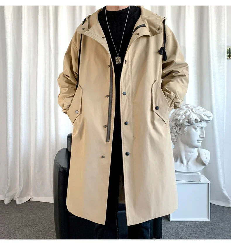 Gabardina de hombre, nueva chaqueta larga con capucha, estilo casual y cortavientos, ideal para otoño. Moda urbana coreana. Ropa masculina.