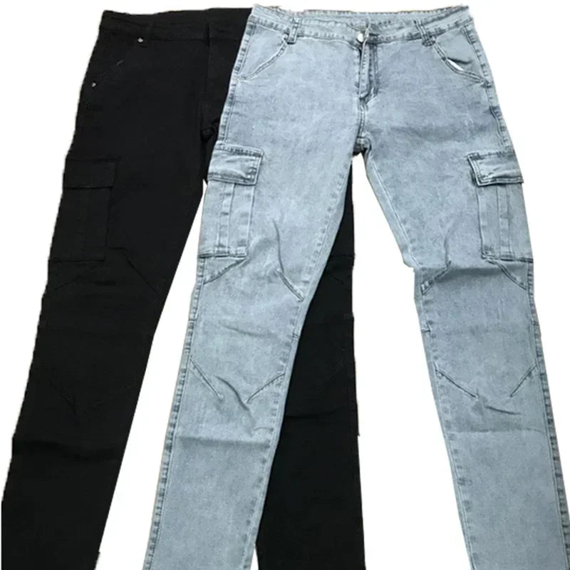 Pantalones vaqueros casuales de hombre, estilo lápiz, elásticos, con múltiples bolsillos, corte ajustado, estilo urbano, lavado liso, cintura media, estilo cargo.