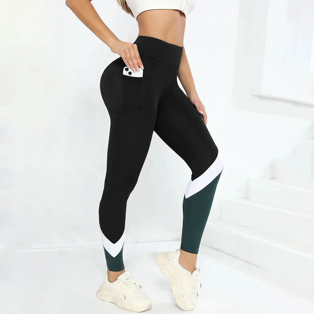Leggings de yoga de cintura alta con bloques de color para mujer, leggings de entrenamiento con control de abdomen para mujer