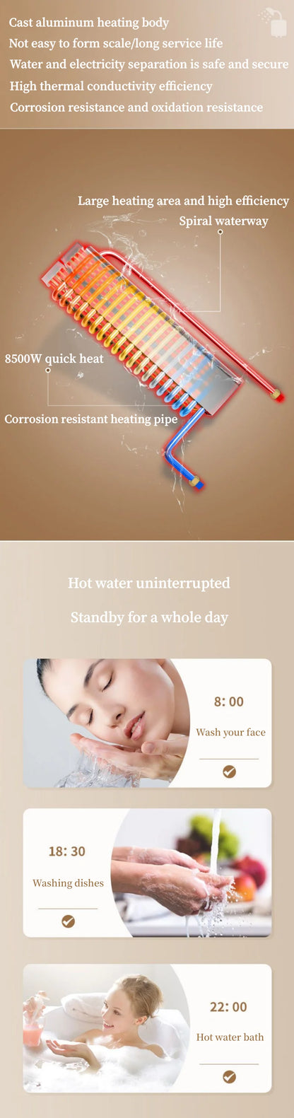 Calentador de agua eléctrico de calentamiento instantáneo para hogares pequeños. Calentamiento rápido, 8500 W. Temperatura constante inteligente. Sin depósito de agua.