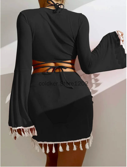 4 Piece Swimming Suit Women Beach Wear Solid Tassel Cover Up Mesh Mini Skirt Bikinis Set Cute Swimming Pool Outfit Summer