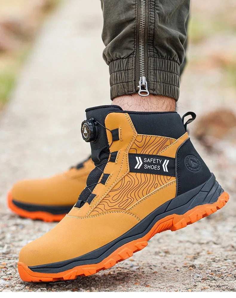 Zapatos de seguridad para hombre, de caña alta, universales para las cuatro estaciones, con hebilla giratoria antideslizante, puntera de acero, antiaplastamiento y antiperforación.