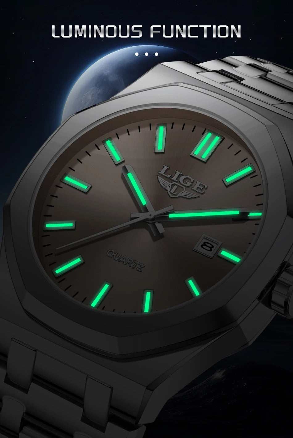 Reloj para hombre LIGE, resistente al agua, de acero inoxidable, luminoso, de negocios, de cuarzo, de moda, con calendario