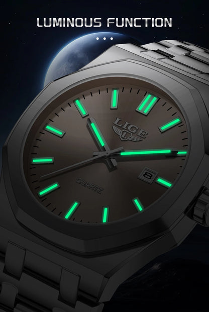 Reloj para hombre LIGE, resistente al agua, de acero inoxidable, luminoso, de negocios, de cuarzo, de moda, con calendario