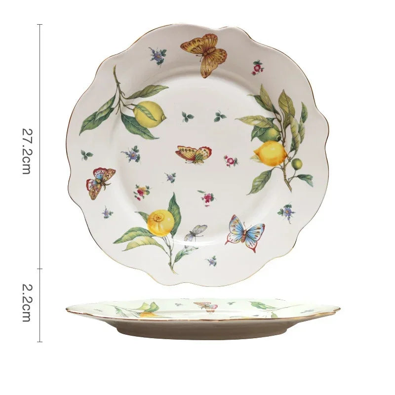 Plato de cerámica de estilo europeo para cena, elegante plato de carne con diseño de limón, juego de taza de café, plato de postre de cocina occidental