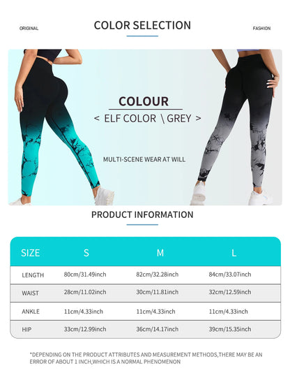 Pantalones de yoga con efecto tie-dye degradado, sin costuras, para mujer, para correr y hacer deporte, cintura alta y levantamiento de cadera, ropa de fitness elástica ajustada.