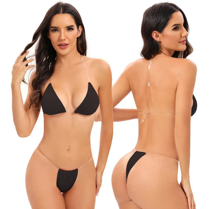Traje de baño para mujer, bikini sexy transparente con tirantes triangulares, tanga de dos piezas, color sólido, ropa de playa, traje de baño para spa