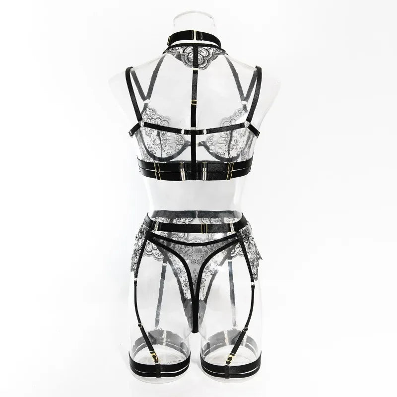Tornova - Conjunto de ropa interior sexy con bordado de 5 piezas para mujer, de malla con retazos, transparente, con cuello halter y ligas, lencería sexy