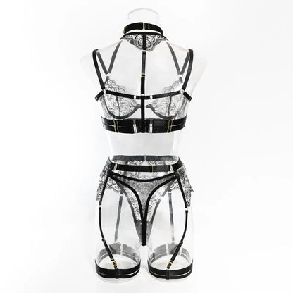 Tornova - Conjunto de ropa interior sexy con bordado de 5 piezas para mujer, de malla con retazos, transparente, con cuello halter y ligas, lencería sexy