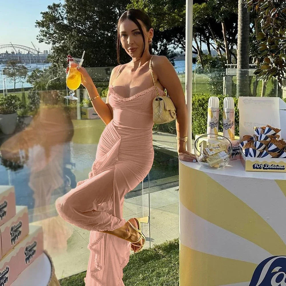 Vestidos de fiesta de malla irregular Suninheart 2024, nuevos modelos, vestido ajustado con tirantes finos, vestido largo fruncido de moda para mujer.