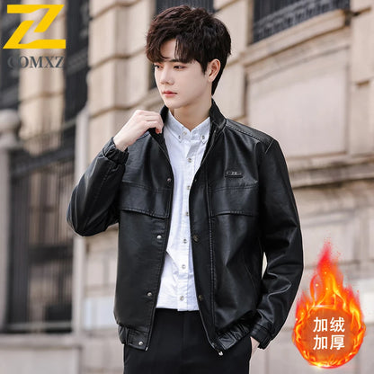Chaqueta de piel sintética para hombre, otoño 2025, moderna, con cuello alto de forro polar, de piel sintética, resistente al viento, para motocicleta, ropa de abrigo.