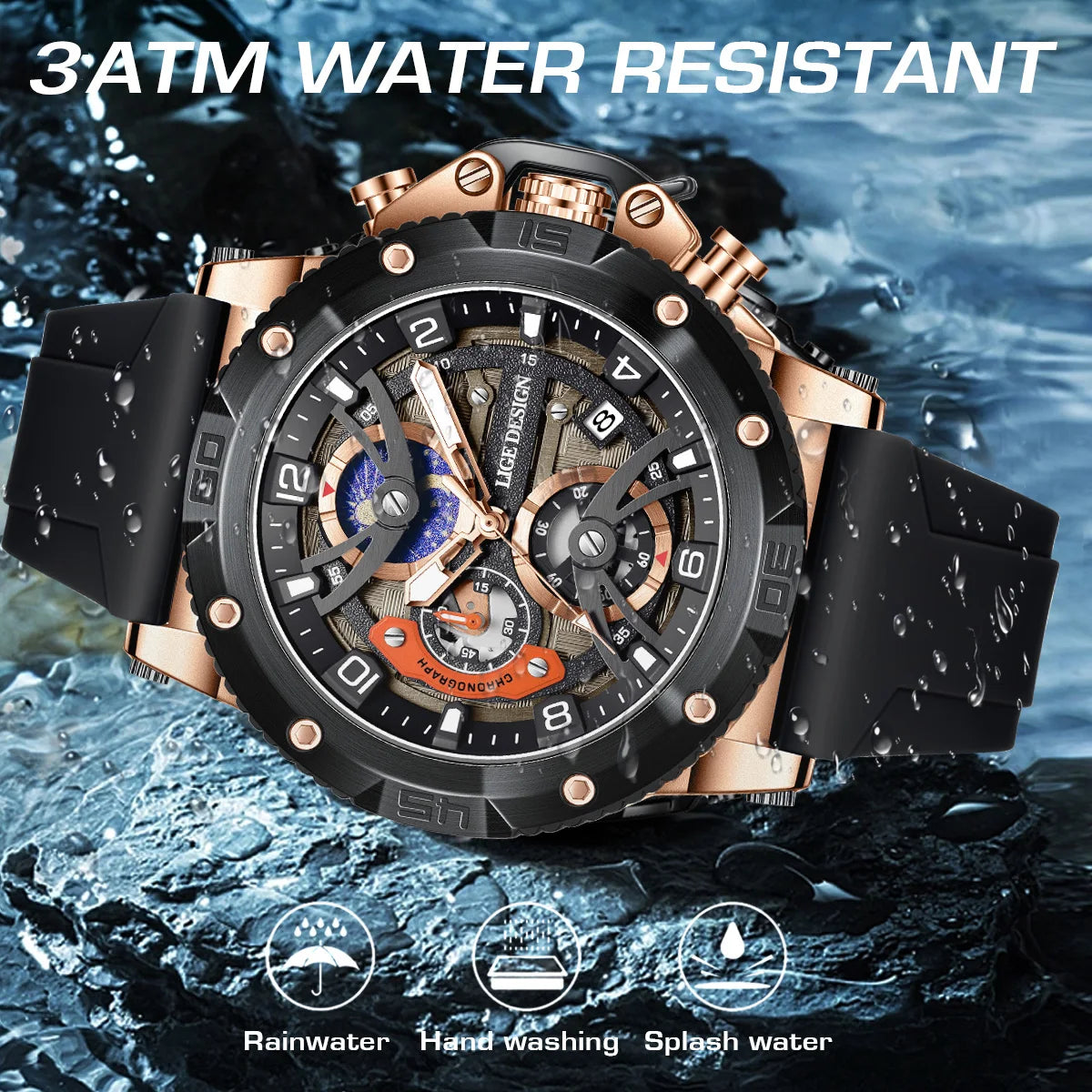 Reloj deportivo LIGE para hombre, de primera marca, de silicona, de lujo, con cronógrafo, esfera pequeña, función de cuarzo, resistente al agua, luminoso.