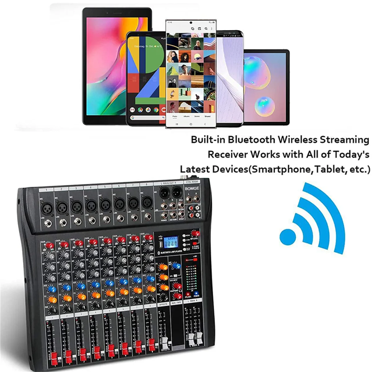 Mezclador de audio BOMGE de 8 canales, consola de mezcla de sonido con Bluetooth, entrada de grabación USB para PC, conector de micrófono XLR, alimentación de 48 V