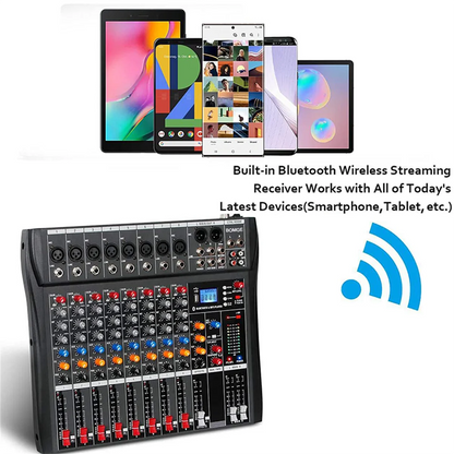 Mezclador de audio BOMGE de 8 canales, consola de mezcla de sonido con Bluetooth, entrada de grabación USB para PC, conector de micrófono XLR, alimentación de 48 V