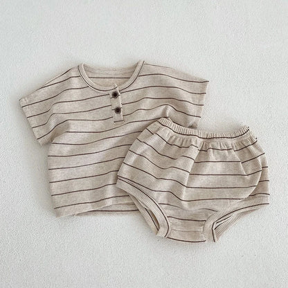 Ropa para niños de 0 a 3 años, conjunto de camiseta y pantalones cortos de algodón puro a rayas de verano, conjunto de manga corta para niñas y vacaciones en la playa