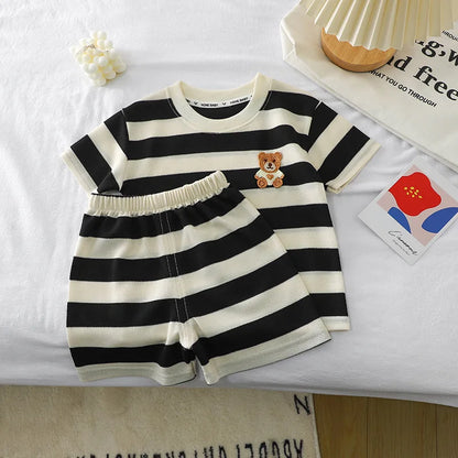 Ropa para niños, traje de manga corta, camiseta a rayas y pantalones cortos, camiseta de 2 piezas, ropa de verano para bebés, ropa para niños y niñas