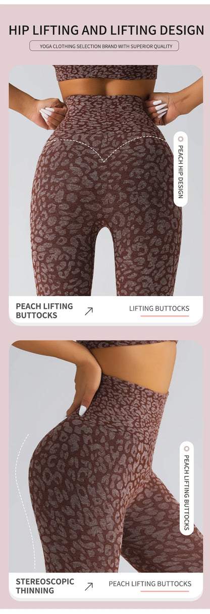 Pantalones de yoga con estampado de leopardo sin costuras para mujer, con realce de cadera y cintura alta, con alta elasticidad.