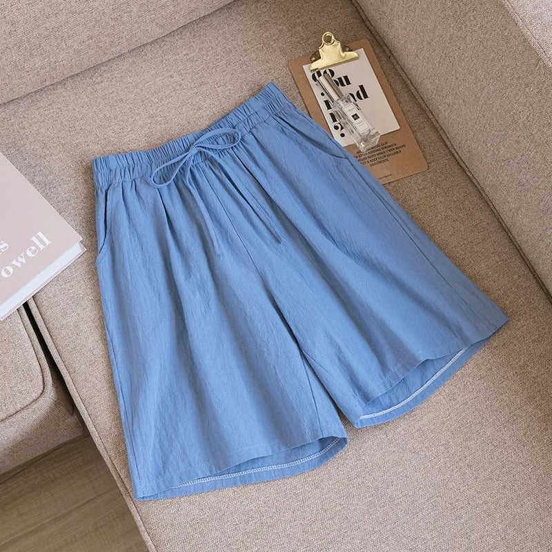 Pantalones cortos de algodón para mujer, informales, de verano, con dos bolsillos, de cintura alta, holgados, suaves y frescos.