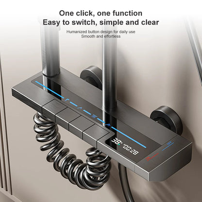 Sistema de ducha con luz ambiental y botones de piano grises, pantalla digital, grifos tipo lluvia y cabezal de ducha.