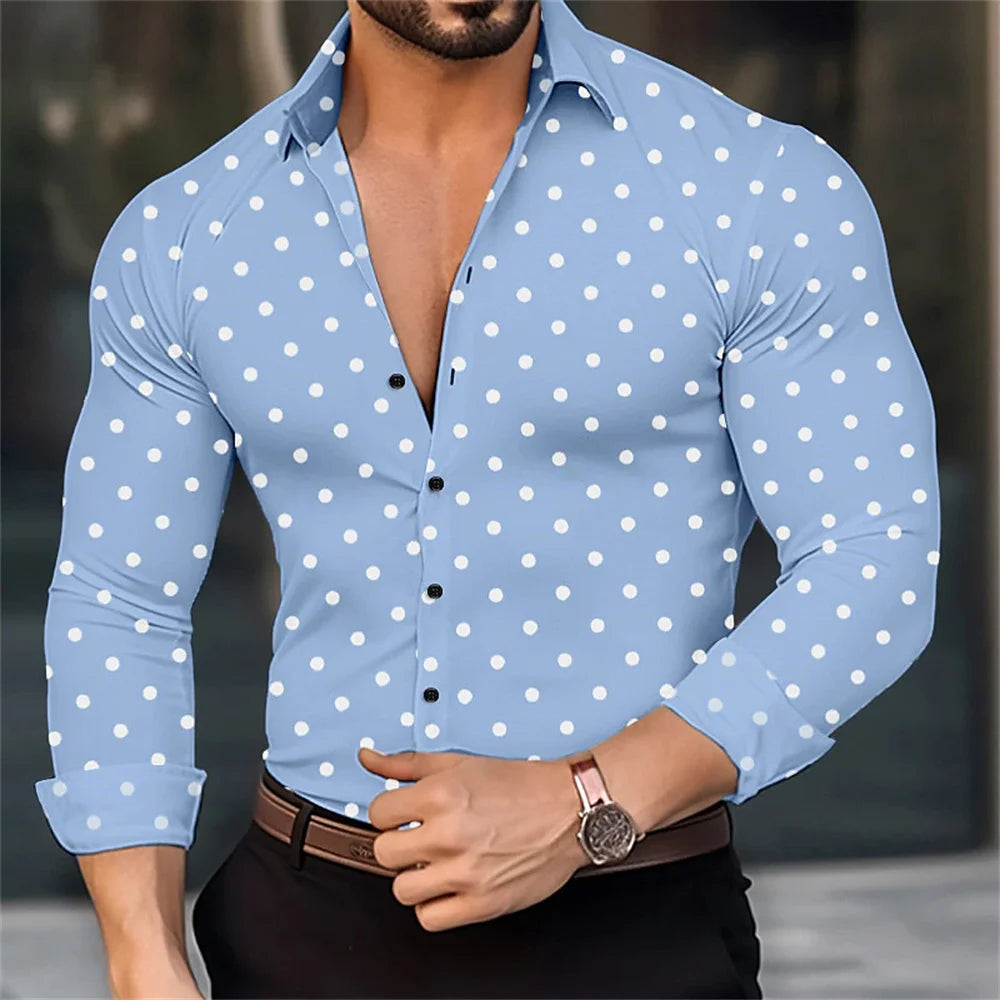 Camisa de manga larga para hombre con estampado de lunares, solapa y botones. Estilo veraniego informal, ideal para la moda hawaiana.