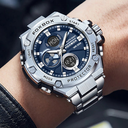 FOXBOX Relojes deportivos de lujo para hombre, reloj de pulsera de cuarzo de lujo, acero, resistente al agua, doble pantalla, relojes militares para hombre, reloj hommes