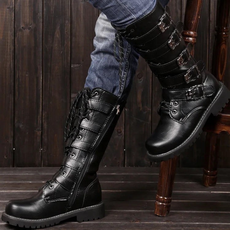 Botas altas de cuero para hombre, estilo motero, de invierno, estilo gótico punk, para hombre, estilo militar informal, para uso exterior.