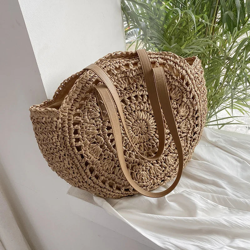 Bolsos de paja redondos de verano para mujer, bolso de hombro de ratán, bolso de playa tejido a mano para viaje, bolso de mano femenino de gran capacidad