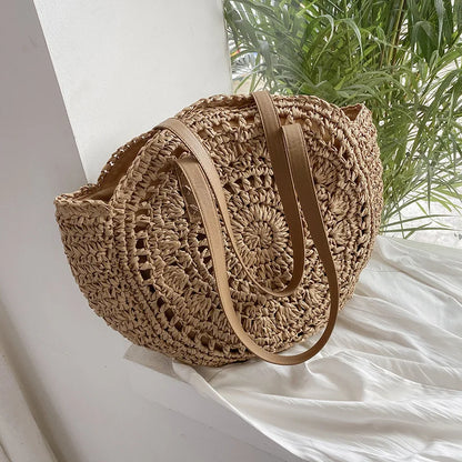 Bolsos de paja redondos de verano para mujer, bolso de hombro de ratán, bolso de playa tejido a mano para viaje, bolso de mano femenino de gran capacidad