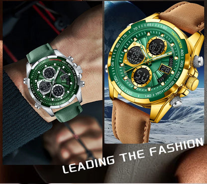 FOXBOX - Reloj de lujo para hombre, de marca superior, con alarma LED, de cuarzo, de cuero, resistente al agua, luminoso