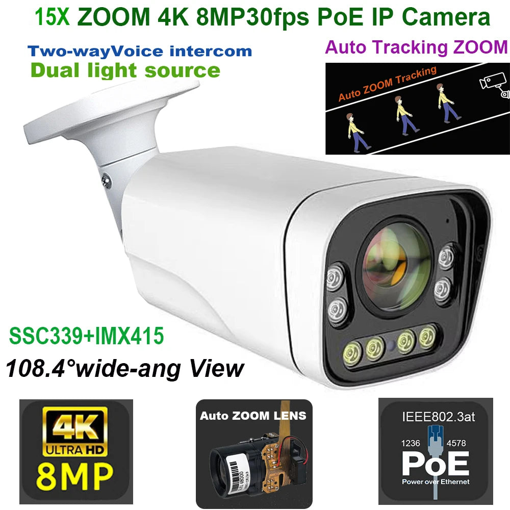 Cámara IP 4K 8MP WIFI con zoom 15x, seguimiento, PoE, protocolo RTMP Hikvision, tarjeta SD/TF de 512 GB, infrarrojos de 30 m, visión nocturna a color de 20 m