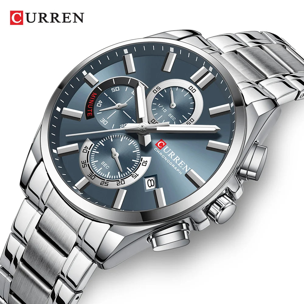 CURREN - Reloj cronógrafo de acero inoxidable para hombre con manecillas luminosas, tres subesferas, fecha automática, diseño moderno, de cuarzo