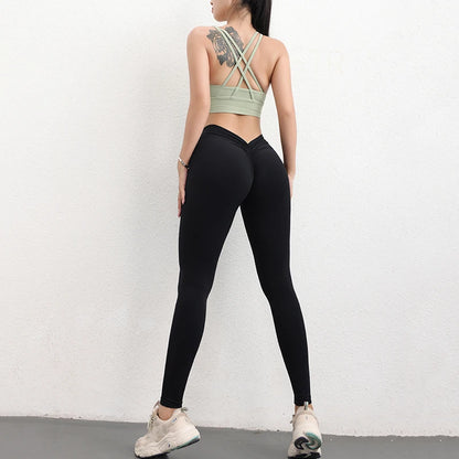 SOISOU Conjunto de yoga de nailon para mujer, chándal deportivo, leggings de gimnasio, sujetador para mujer, almohadilla para el pecho, cadera extraíble en forma de V, ropa para mujer