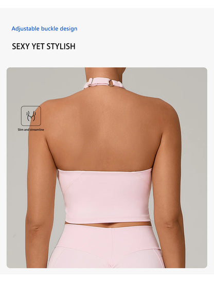 Ctenkevet - Conjunto de 2 piezas de sujetador halter sin espalda para mujer, ropa deportiva de secado rápido para gimnasio, conjunto deportivo femenino de dos piezas con pantalones cortos